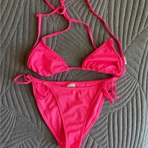 wild fable Hot Pink Ribbed Triangle String Bikini